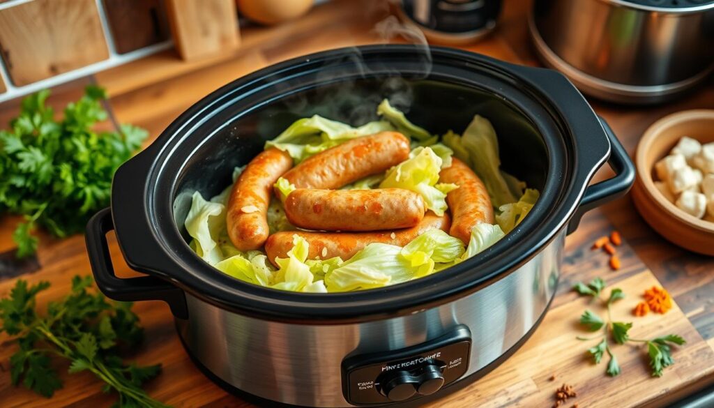cabbage and sausage cooked in crock-pot