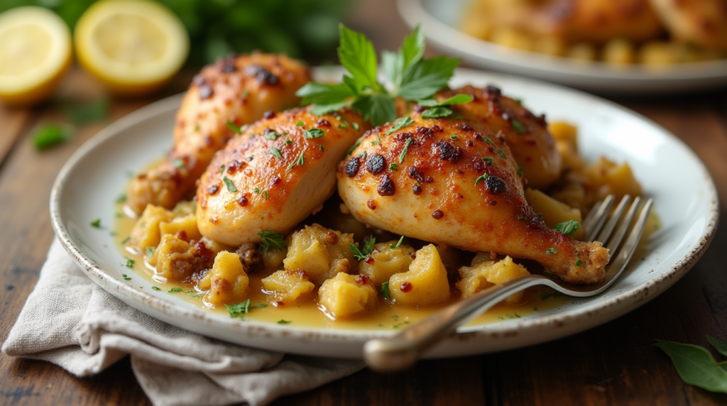 Create a high-resolution image showcasing a freshly prepared dish of [ Slow Cooker Chicken and Stuffing Recipe ], styled for a food blog.
The dish should be served on a rustic wooden table with soft natural lighting. Include garnishes like fresh
herbs or lemon slices to enhance visual appeal. Focus on vibrant, rich colors and textures that highlight the

