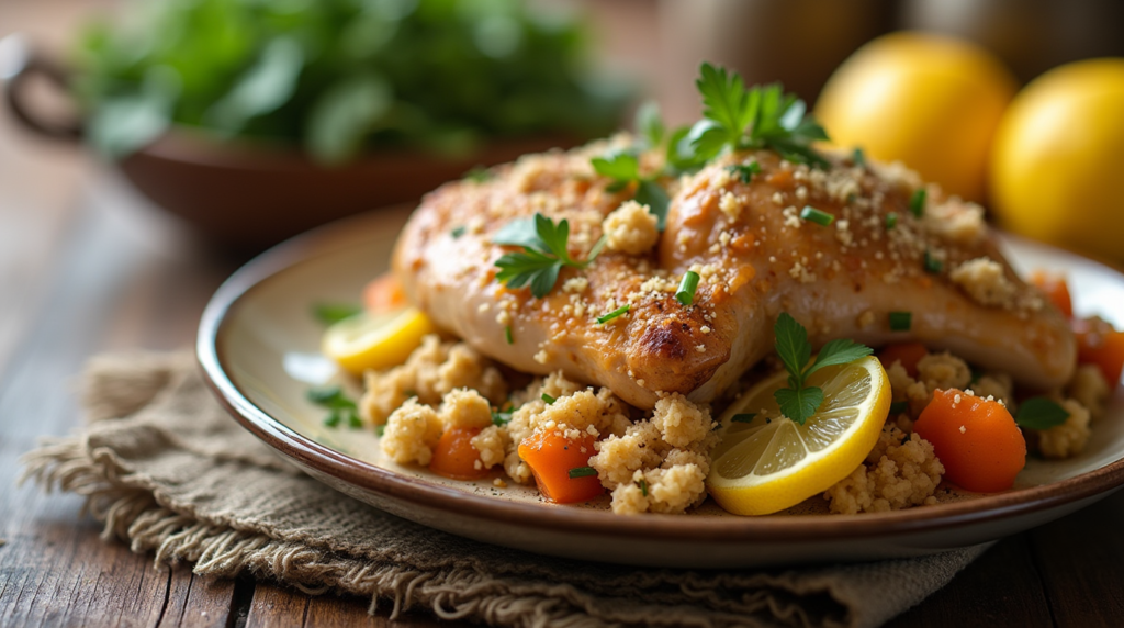 Create a high-resolution image showcasing a freshly prepared dish of [ Slow Cooker Chicken and Stuffing Recipe ], styled for a food blog. The dish should be served on a rustic wooden table with soft natural lighting. Include garnishes like fresh herbs or lemon slices to enhance visual appeal. Focus on vibrant, rich colors and textures that highlight the